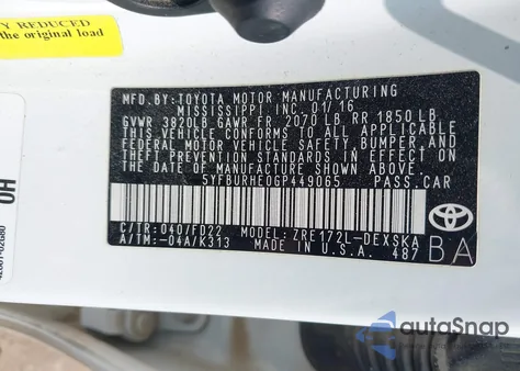 2016 Toyota Corolla S Plus from USA, damaged, VIN 5YFBURHE0GP449065